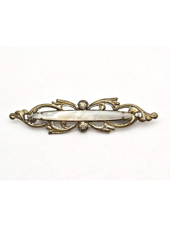 Estate Jewelry - Antique Mother of Pearl Bar Brooch Mixed Tone Metal & Paste Stones